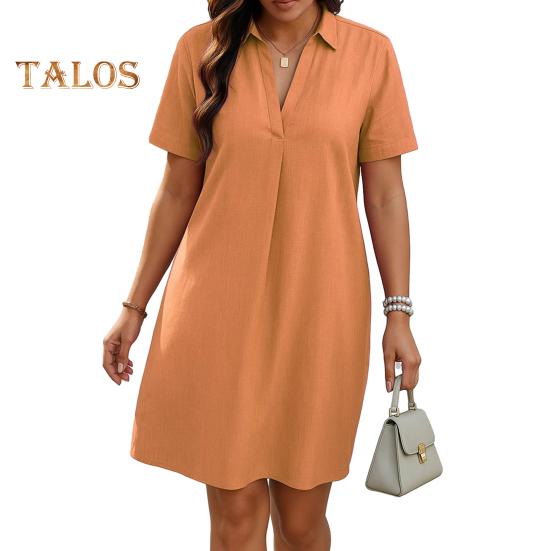 Women A-Line Dress V-Neck Lapel Short Sleeve Solid Color Summer Dress Loose Fit Lightweight Casual Dress