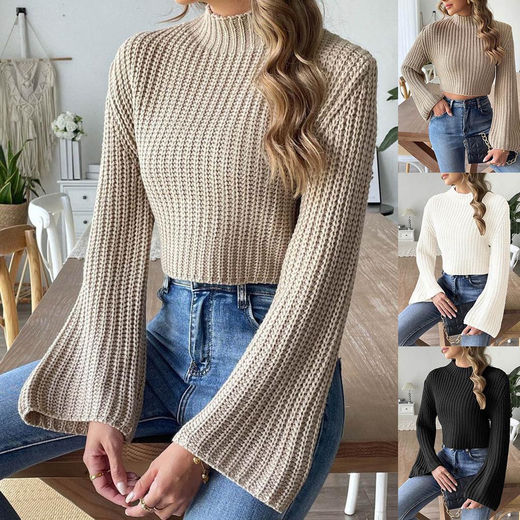 Semi-turtleneck women's sweater short open-button sweater top European and American size autumn and winter new horn-sleeved sweater
