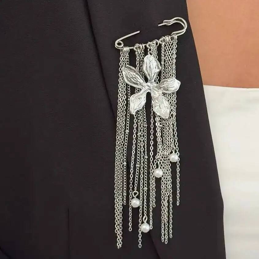 SHIXIN Fashion Metal Flower Pendant Brooch for Women New Charm Multi-Functional Imitation Pearls Tassel Chain Accessory Jewelry