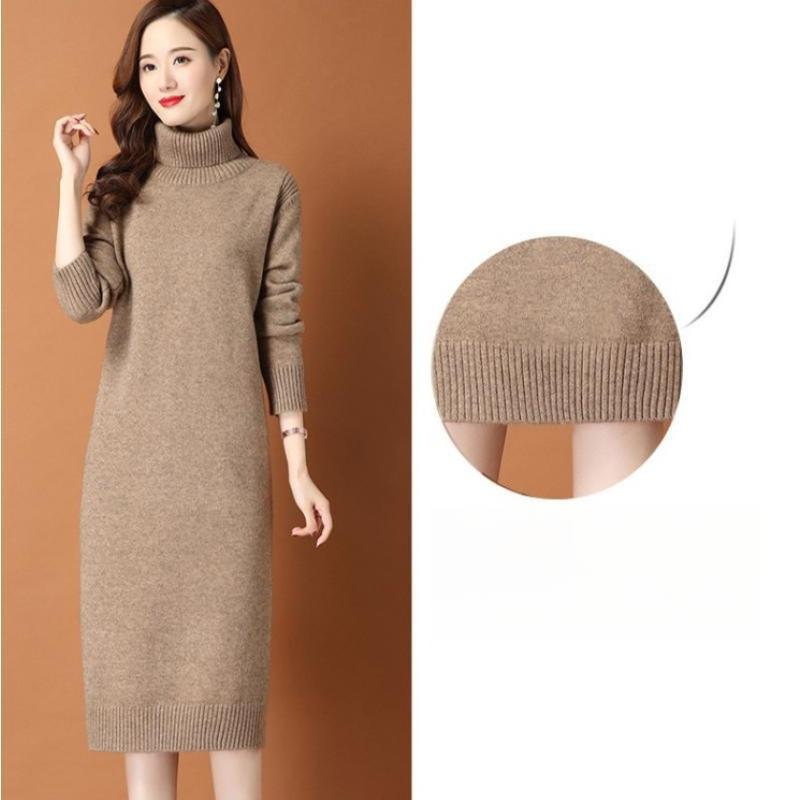 Turtleneck Sweater Dress for Women Solid Color Mid-length Knee-length Knitted Sweater Loose Long-sleeved Pullover Autumn and Winter