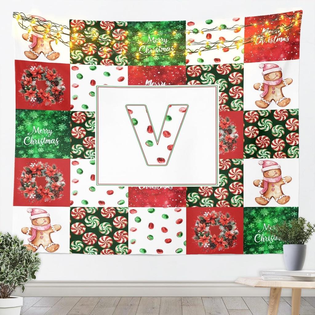 Frohe Weihnachten Wandteppiche Heimdeko Weihnachtsmann und Rentier Druck Wandbehang für Tür Büro, Weihnachten Kiefer Schneeflocken Rot Grün