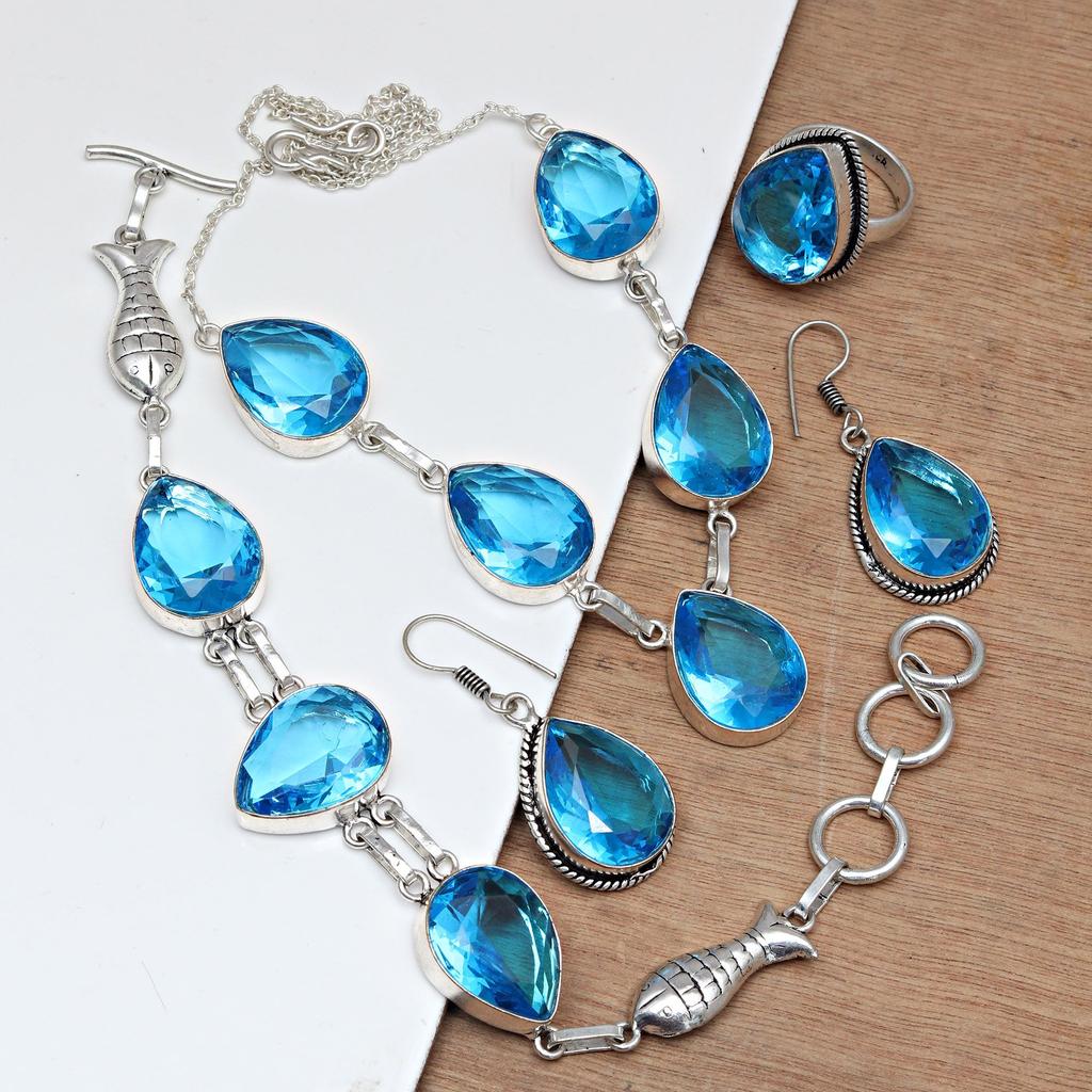 Topaz Blue London Jewelry Set Gemstone Necklace Gift Sterling