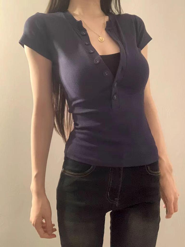 Women's Summer Shoulder Design Slim Fit Round Neck Short-Sleeved T-Shirt