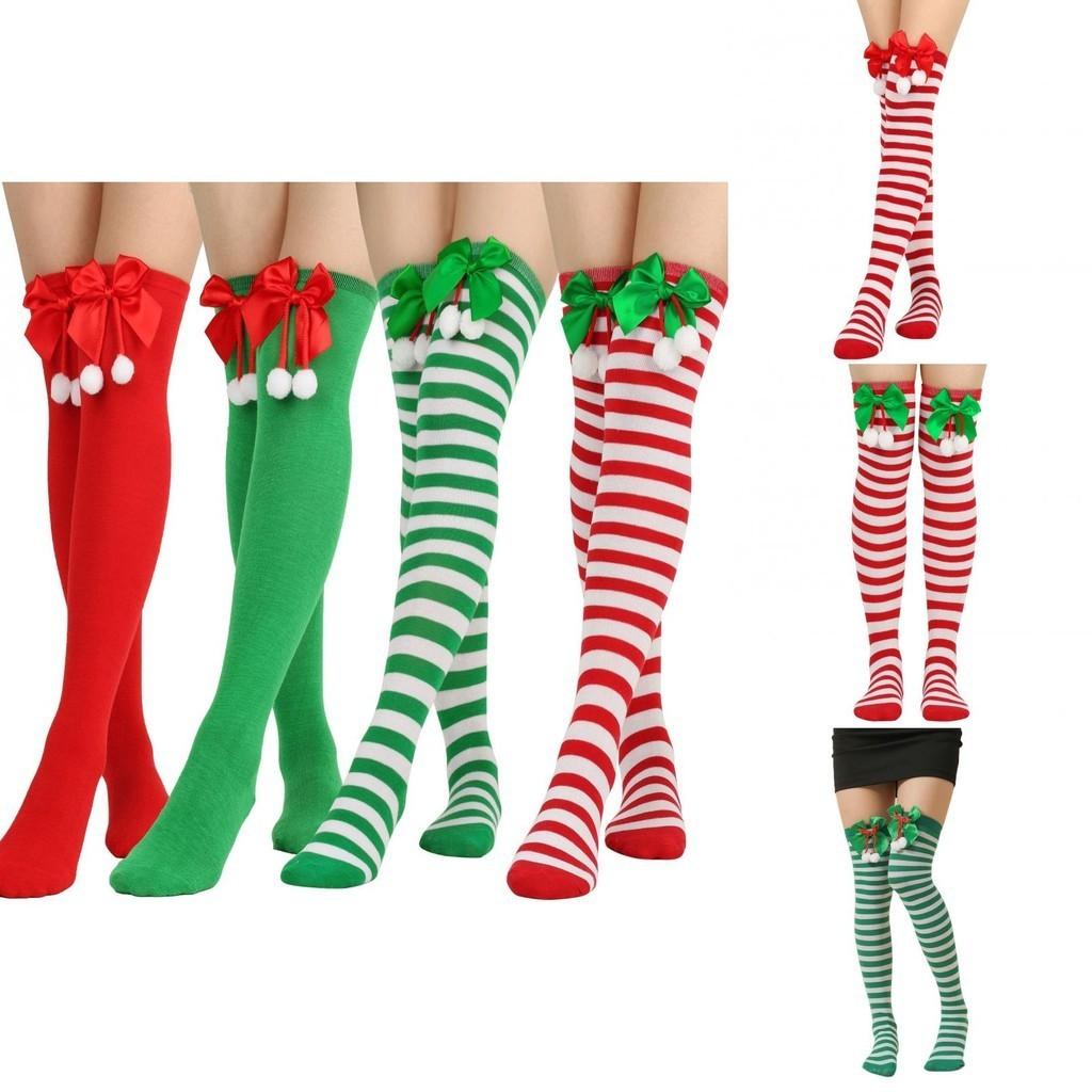 Striking Red-green Stripe Christmas Knee Socks For Women Kids