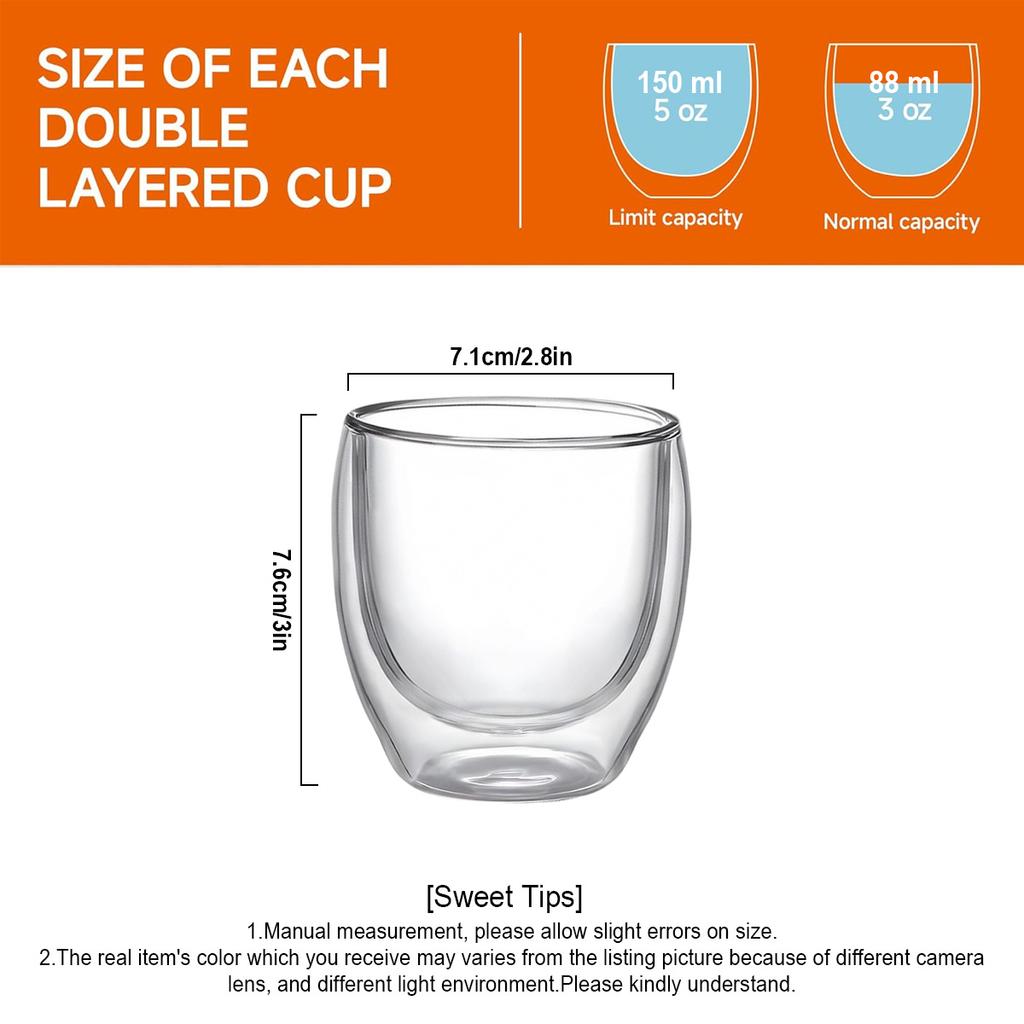 4PCS Glass Coffee Mugs , Double Wall Insulated Thermal Cups, Clear Glass Coffee Cup for Tea/Juice/Milk, Cappucino Espresso Mug