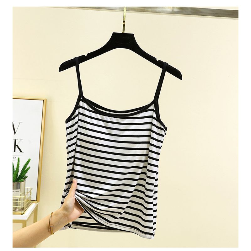 

С нагрудной подушечкой Модальный слинг Женский летний Топ-майка с интегрированной чашкой большого размера Тонкая полоска Нижнее белье Базовый топ White Stripes M (recommended 40.00 kg-50.00 kg