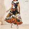 Women Plus Size Round Neck Short Sleeve Printed A Line Long Dress Halloween Raccoon Pumpkin Pattern