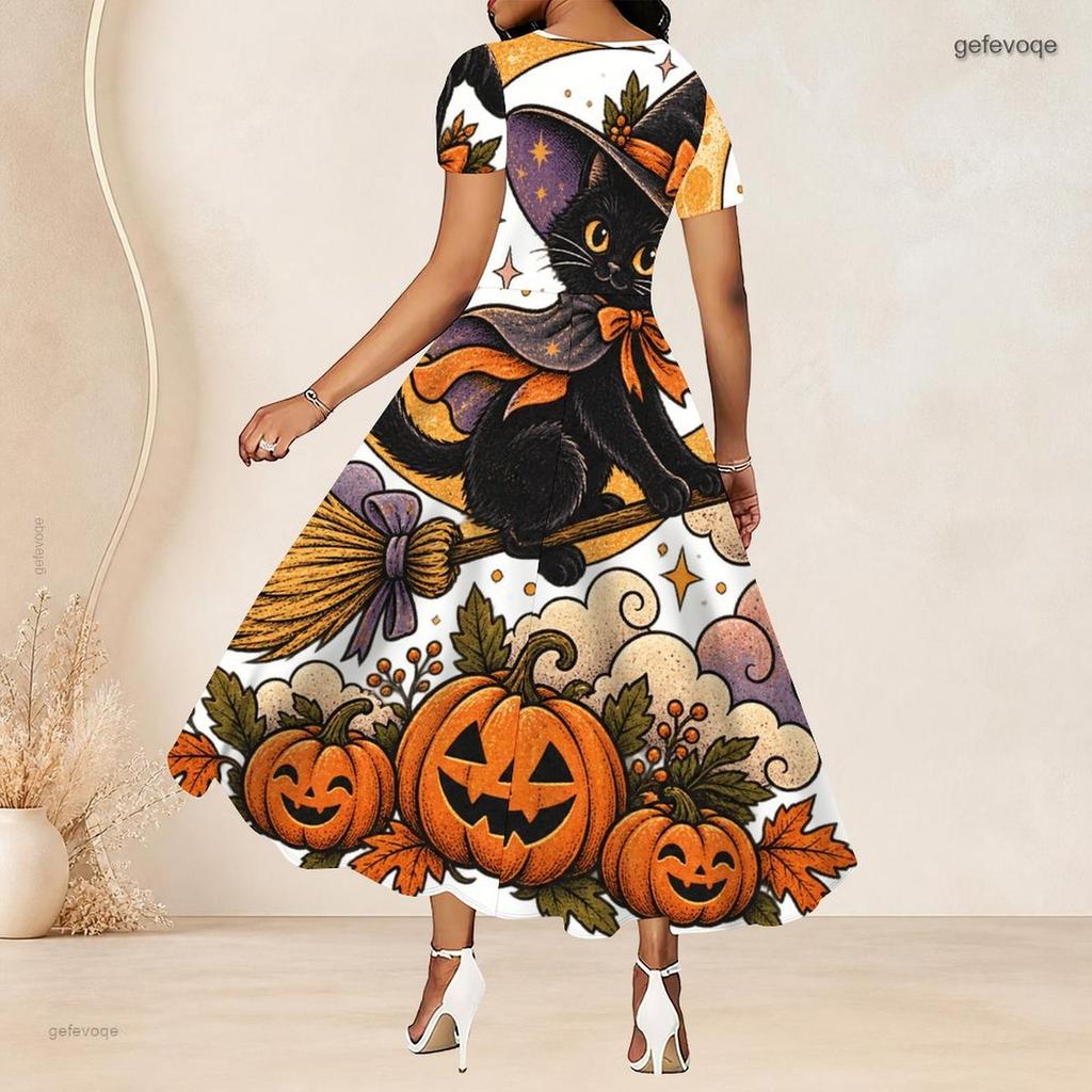 Women Plus Size Round Neck Short Sleeve Printed A Line Long Dress Halloween Raccoon Pumpkin Pattern