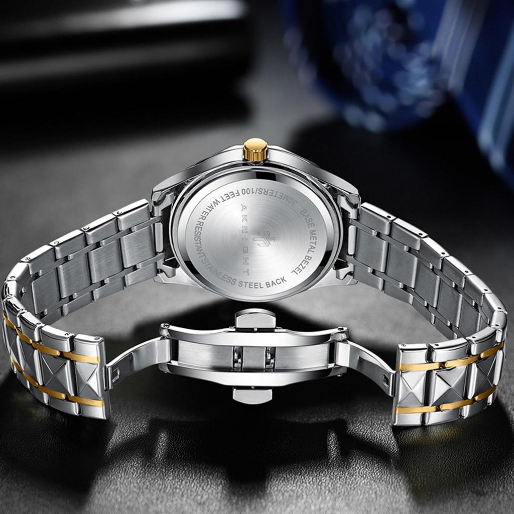 AKNIGHT Men's Watch, Anti-Reverse Bezel, Analog Watch, Stylish Watch, Crystal, Easy-to-Read, Luminous, Wristwatch, Stainless Steel Band, 30m Water