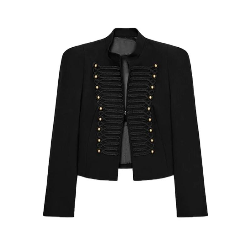 Elegant Women's Cropped Black Coats Pads Stand Collar Full Sleeve Jacket Autumn Lady Chic Commute Outwear