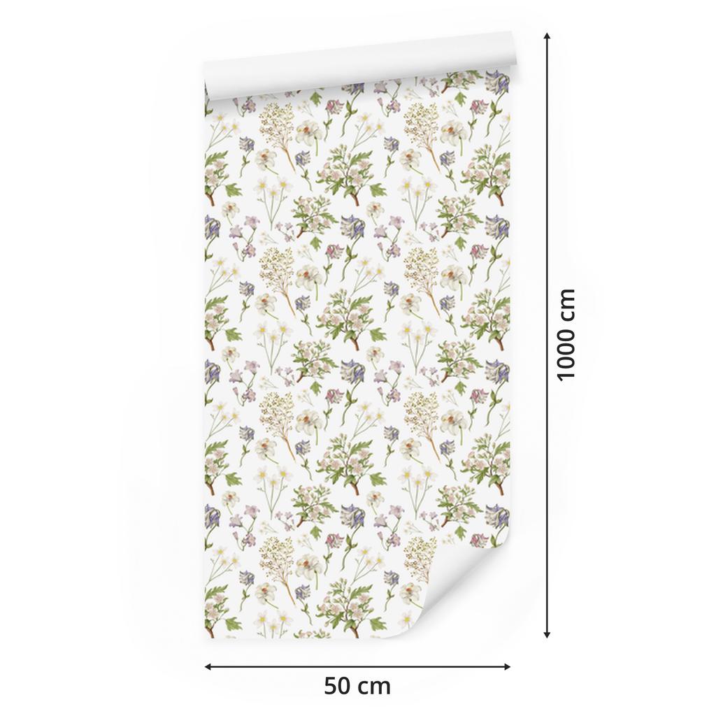 Wild Flowers Wallpaper White, Light Gray, Beige, and Cream 50x1000
