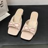 French versatile thick heel cool slippers women's 2025 summer new gentle wind lace edge bow word with slippers