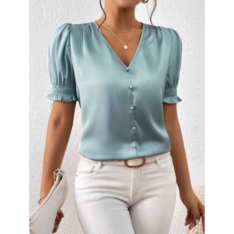 

Атласная рубашка с V-образным вырезом на пуговицах для весны и осени, повседневная рубашка с короткими рукавами и оборками по краям, блузки и рубашки M светло-синий