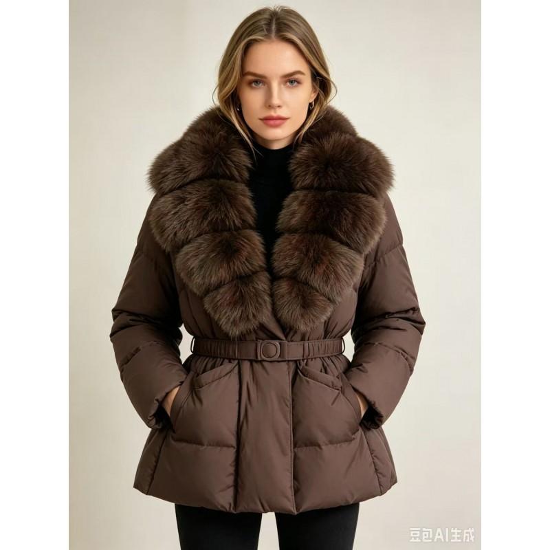 Womens Mid-Length Puffer Coat With Faux Fur Collar Slim Fit Warm Winter Outerwear