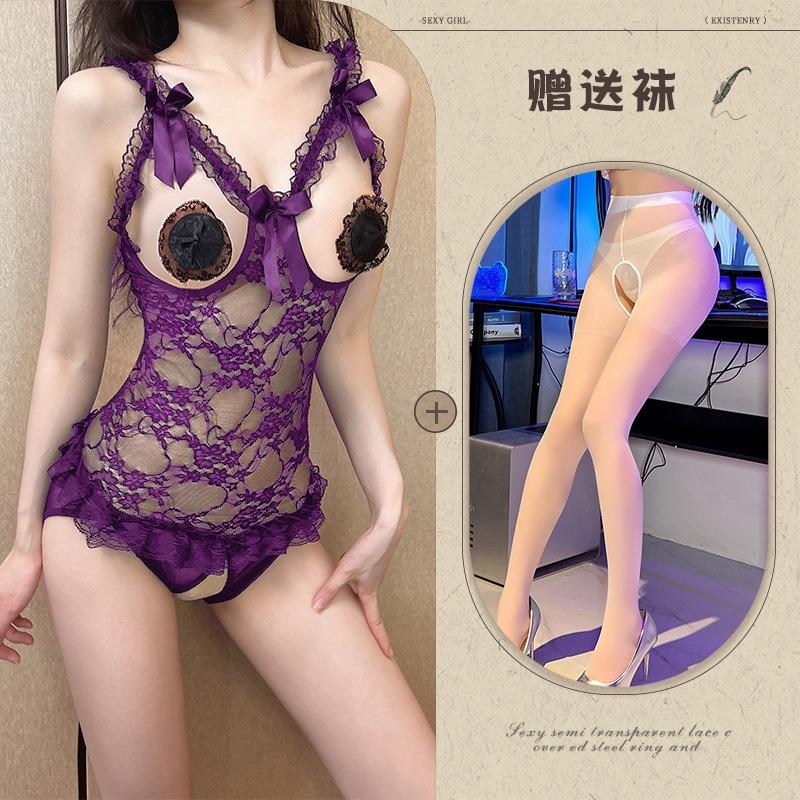 Large size erotic underwear hollowed out bare chest hot couple flirting free open file erotic uniform lace