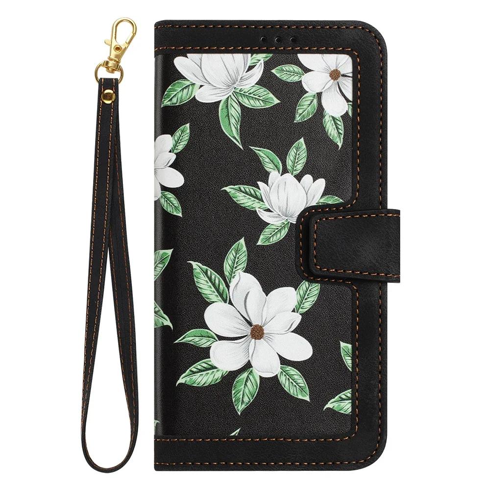 Leder Klapphülle für iPhone 16E 16 15 14 Plus 13 12 11 Pro Max XR X 10 XS 8 7 6 6S SE3 SE Blumen Trageband Kartensteckplatz Abdeckung