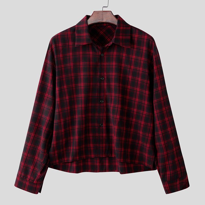 

INCERUN Men Lapel Neck Long Sleeve Plaid Print Casual Cropped Shirts Tops XL