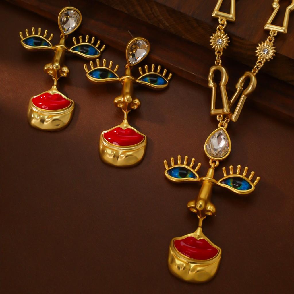 Medieval Vintage Western Retro Red Lips Nose And Eye Marking Earrings Silver Needle Electroplating Real Gold Three-Dimensional Design