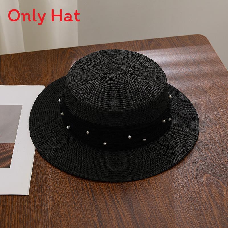 French Lace Pearl Straw Hat Summer Sunshade Wide Brim Breathable For Beach Vacation