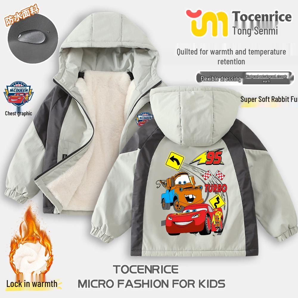 Zimowa Kurtka Chłopięca Błyskawica McQueen, Ciepła Pikowana Kurtka Zewnętrzna z Kapturem i Podszewką z Pluszu.