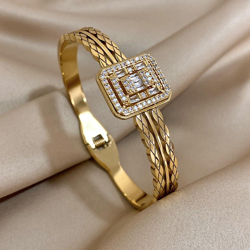 Stainless Steel Bangle Bracelet Inlay Luxury Rhinestones Gorgeous Synthetic Zirconia Geometric Oval Square Stars Shape for Women