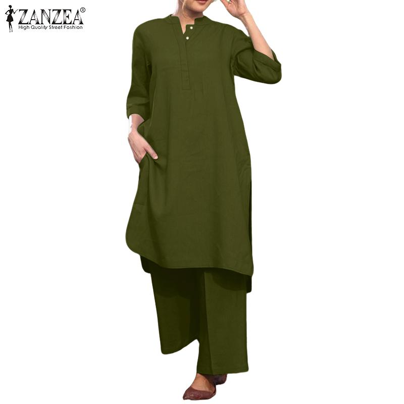 ZANZEA Women Long Blouse and Pants Casual Two Piece Suit Sets