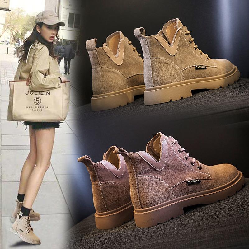Leather Martin boots autumn and winter new women's short boots flat women's boots black locomotive women's shoes thin boots children