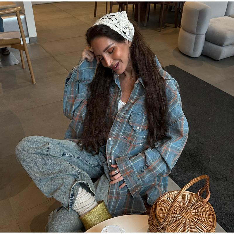 Blue Plaid Shirt Jacket Women's Spring Autumn 2025 New Elegant High-End Feel with Button Down The Front Female Casual Loose Blouses