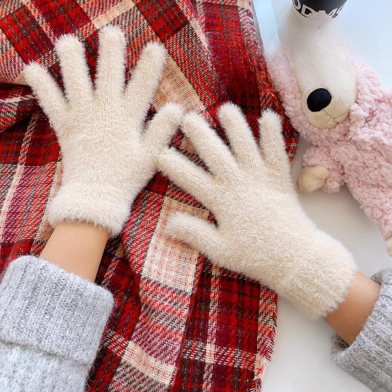 Plush Finger slipping Gloves for Warm Winter Women's Imitation Rabbit Fur Plus Velvet Thickened Cold Proof Travel Students' Riding Cute Trend