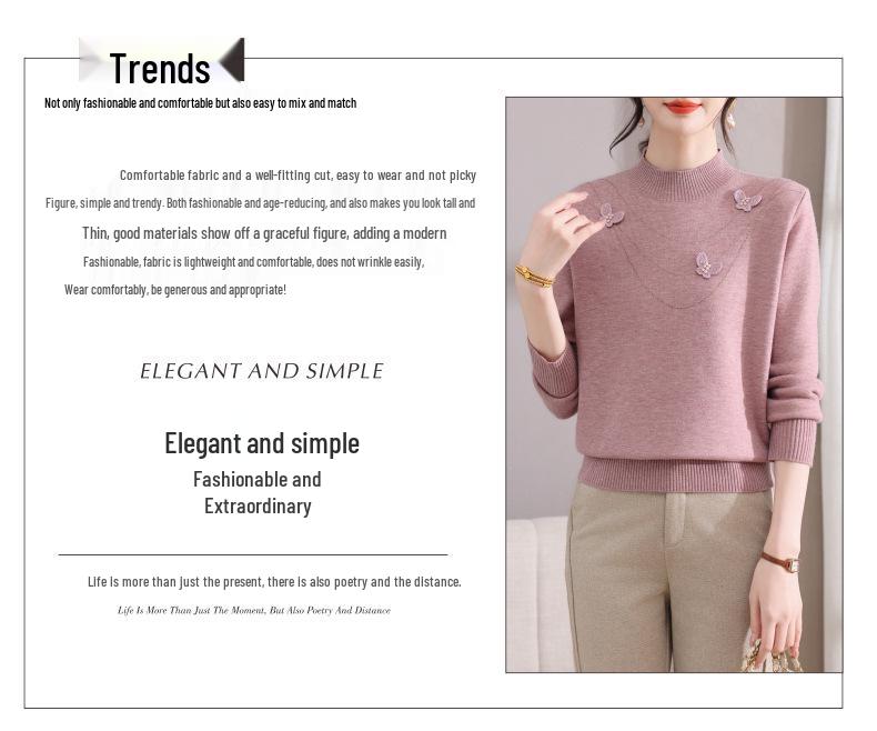 Women's Winter Half-High Neck Sweater for Middle-Aged and Elderly, Autumn/Winter Knitted Pullover