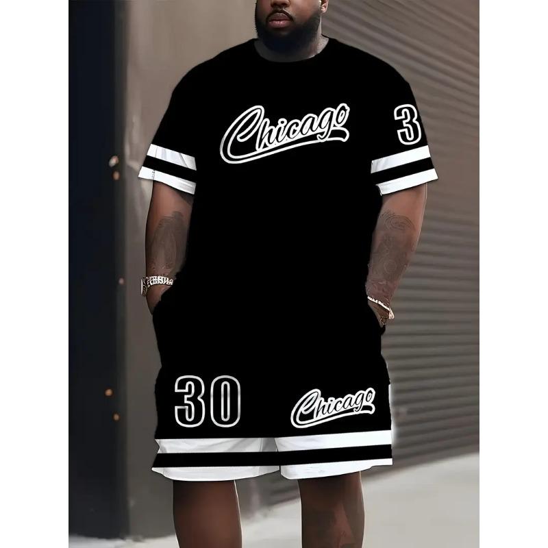 Men's Sports Short Sleeve Top Shorts Set Plus Size Breathable Basketball Sports Clothing Letter Print T-shirt Shorts 2-piece Set
