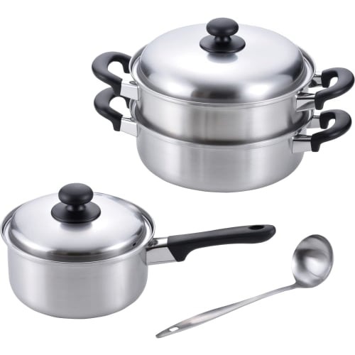 Wahei Freiz Tsubame-Sanjo EM-021: 18cm Saucepan & 24cm Two-Tier Steamer with Ladle, Stainless Steel, Induction & Gas Compatible