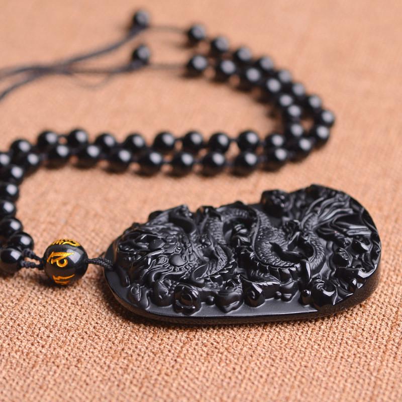 Natural Black Obsidian Chinese Dragon Pendant Jade Necklace Jewelry Amulet Lucky Mens Gift