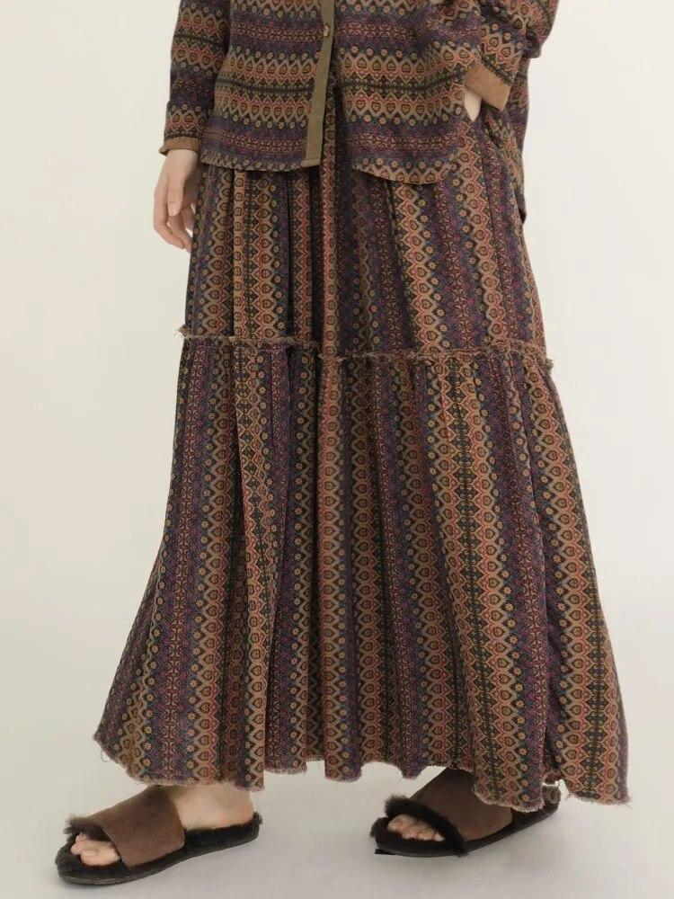 Johnature Frauen Drucken Floral A-linie Röcke Elastische Taille Baumwolle Weiche Kleidung Herbst Patchwork Vintage Frauen Röcke