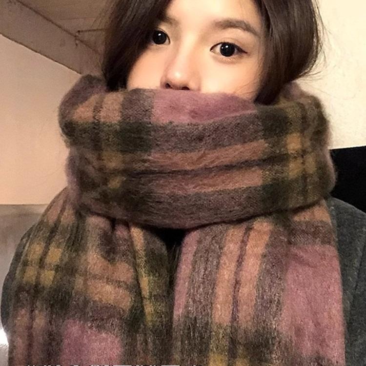 Retro Plaid Imitation Cashmere Scarf for Women Winter College Style Thickened Warm Long Tassel Shawl Atmosphere Scarf