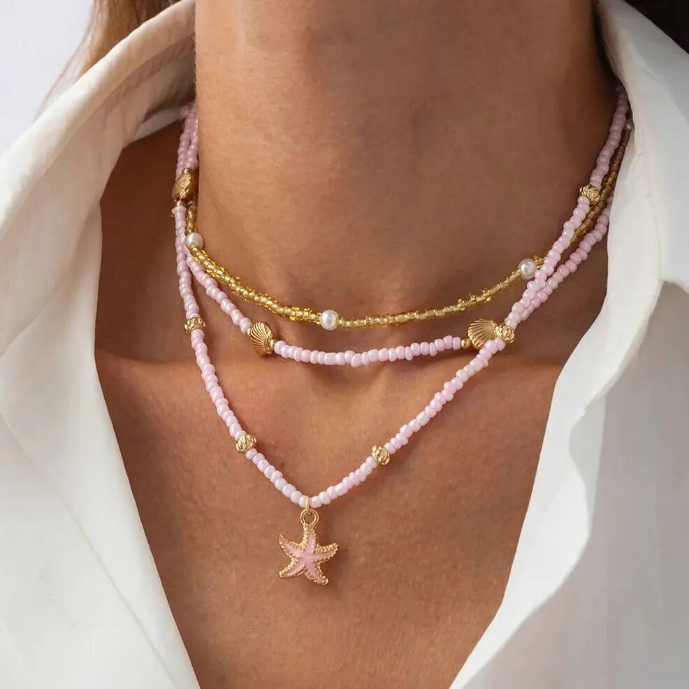 

Ingemark 3Pcs/Set Boho Starfish Pendant Choker Necklace for Women Summer Beach Delicate Handmade Beads Chain Neck Jewelry Gift розовый