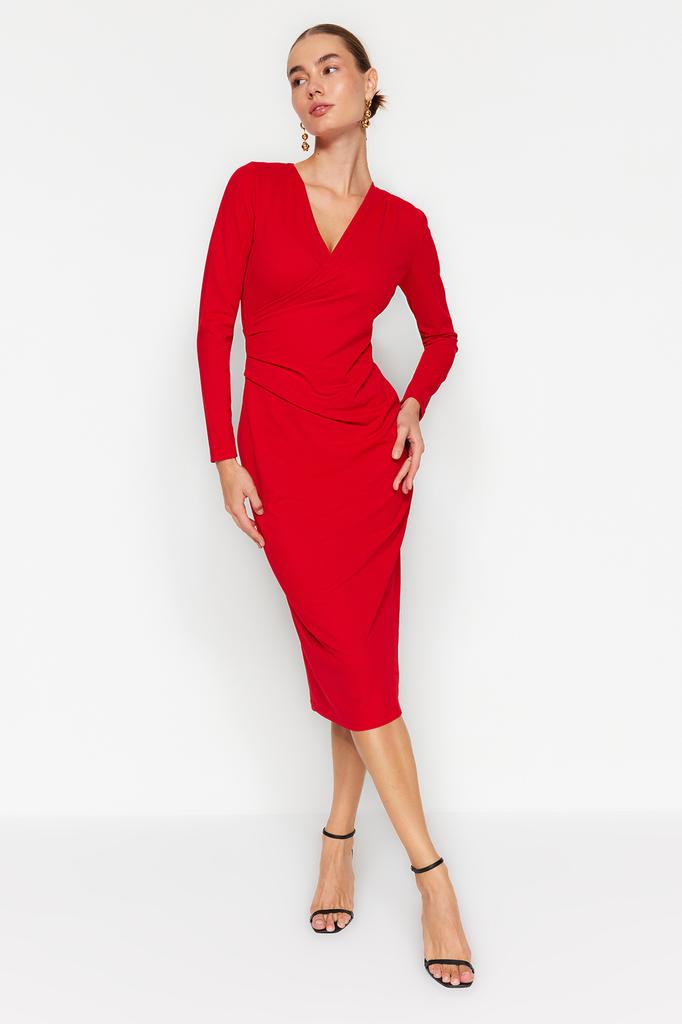 Women's Dress New Season Fashion Black Double Breasted Collar Long Sleeve Gather Detailed Fitted Midi Knitted Dress