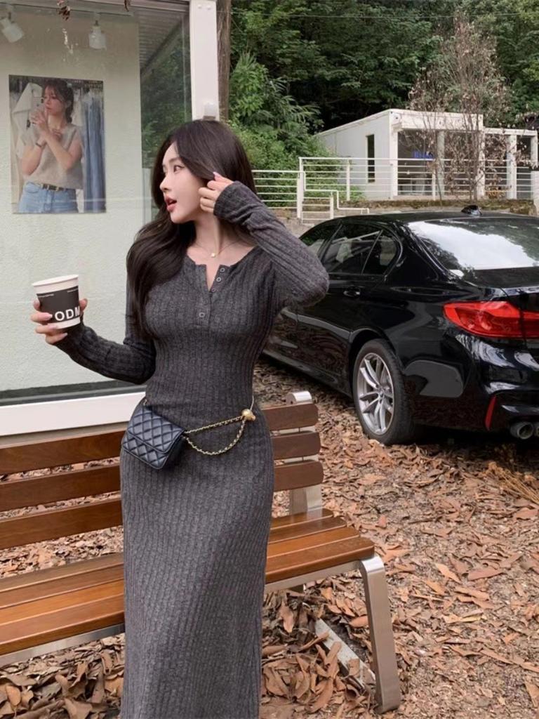 French Temperament Knitted Sweater Dress Women's Autumn and Winter New Coat with Bottom and Slim Skirt