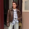 Retro locomotive style burgundy leather jacket women's autumn European and American fashion matte leather jacket jacket women's clothing