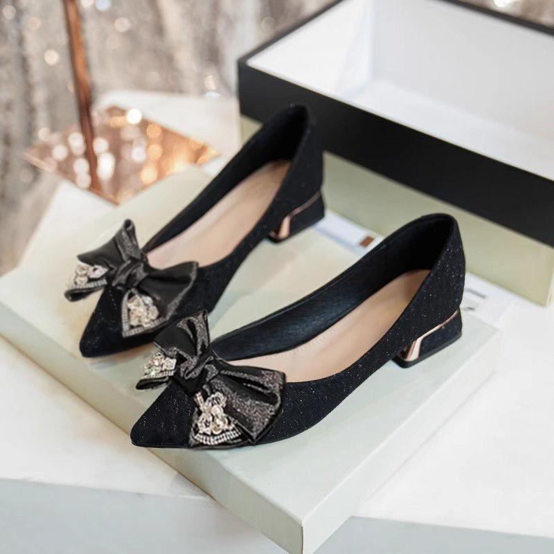 Fashion French-style Single-shoe Women's Thick-heeled Bow Pointed-toe Bridesmaid Shoes, Rhinestone Elegant Wedding Shoes