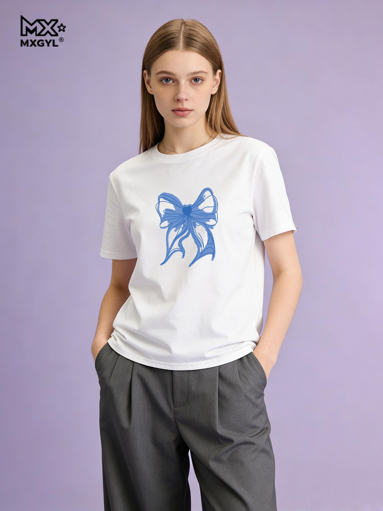 

Bow T-shirt Bow Top Tide Round Neck Large Size Retro Short-sleeved T-shirt Women s Fashion Clothing Tee M белый