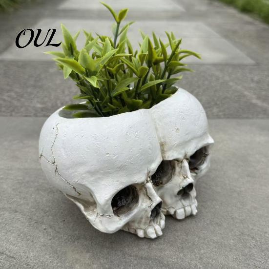 Retro Distressed Skull Decor Double Flowerpot for Succulents Green Plants, Realistic Resin Planter, Gothic Home Plant Pot Halloween Party &