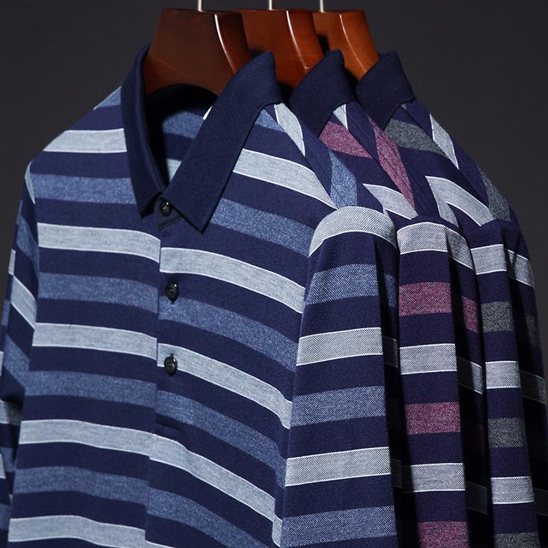 Spring and Autumn New Men's Long-sleeved T-shirt Middle-aged Lapel Striped Polo Shirt Men's Base Shirt Top Tide T-shirt