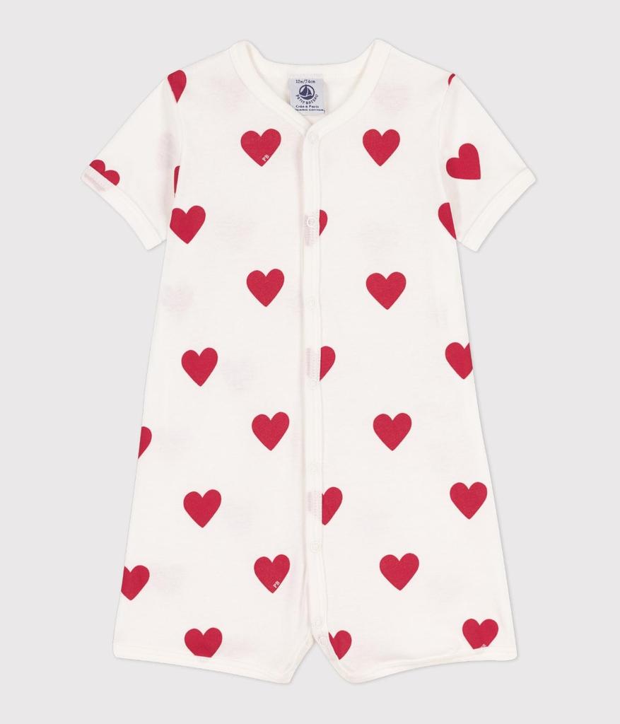 Heart Print Short Romper A09HG 6 months 67cm [Petit Bateau] Off-White/Red