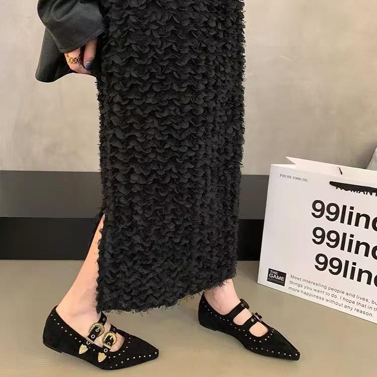 Retro Pointed Head Shallow Mouth Inner Height Increase Mary Jane Single Shoes Women's 2025 Autumn Models Rivet Belt Buckle Suede Flat Shoes