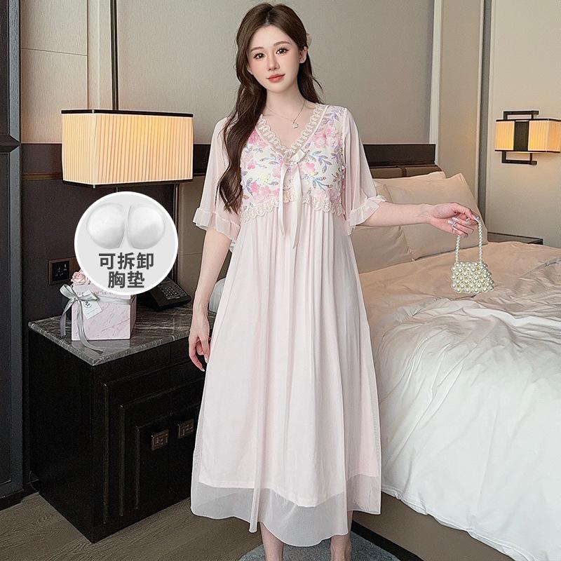 Linglei Summer Solid Color Lace Bow Mesh Court Princess Style Long Nightdress Pajamas Loungewear Women