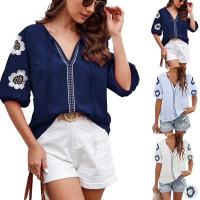 Women's Fashion Slim Fit V-Neck Embroidery Loose Short Sleeve Top Shirt