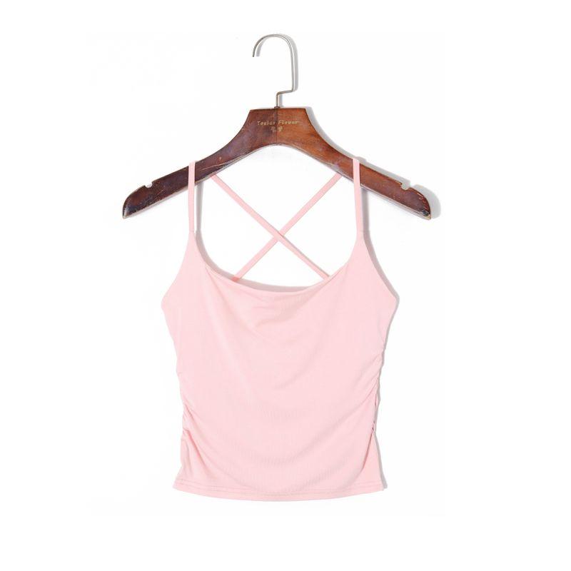 

2025 Summer Women s Clothing K-style Minimalist Pure Color round Neck Pullover Backless Slim Fit Stretch Plaid Short Camisole Pink M