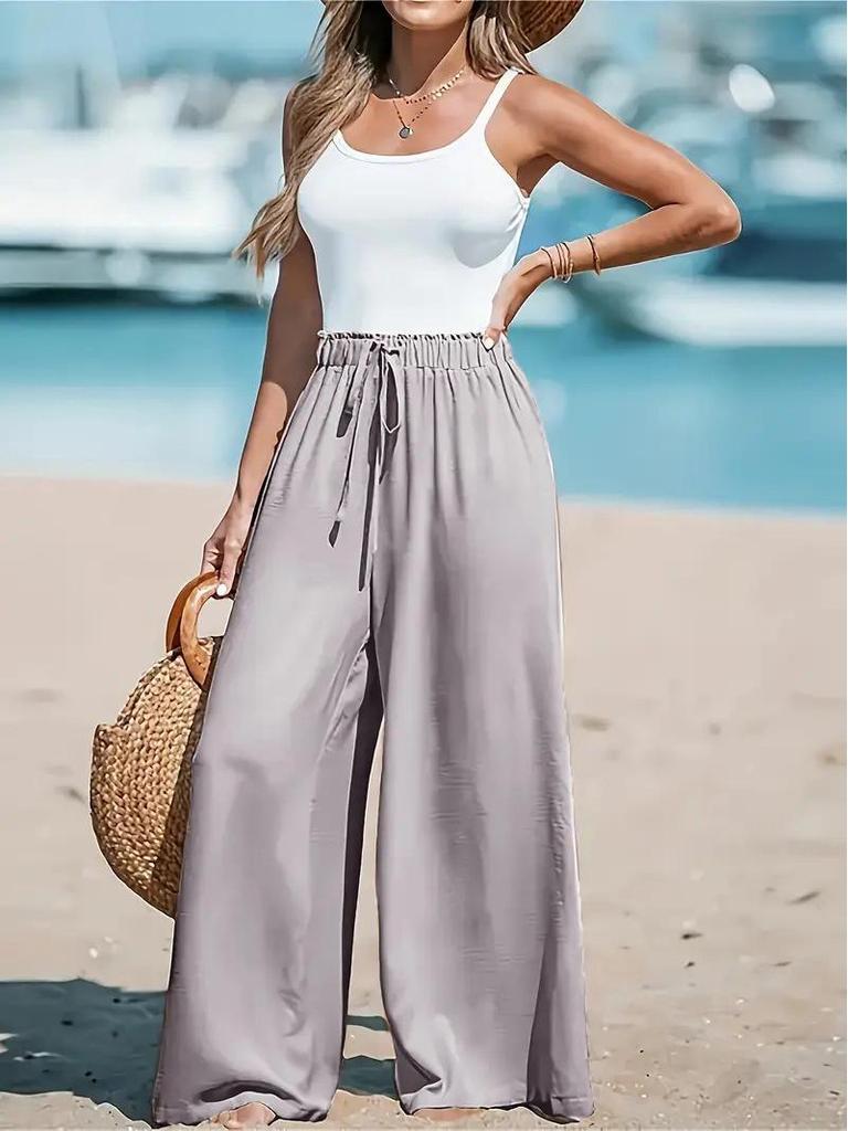 Women's Wide-Leg Solid Color Casual Polyester Pants