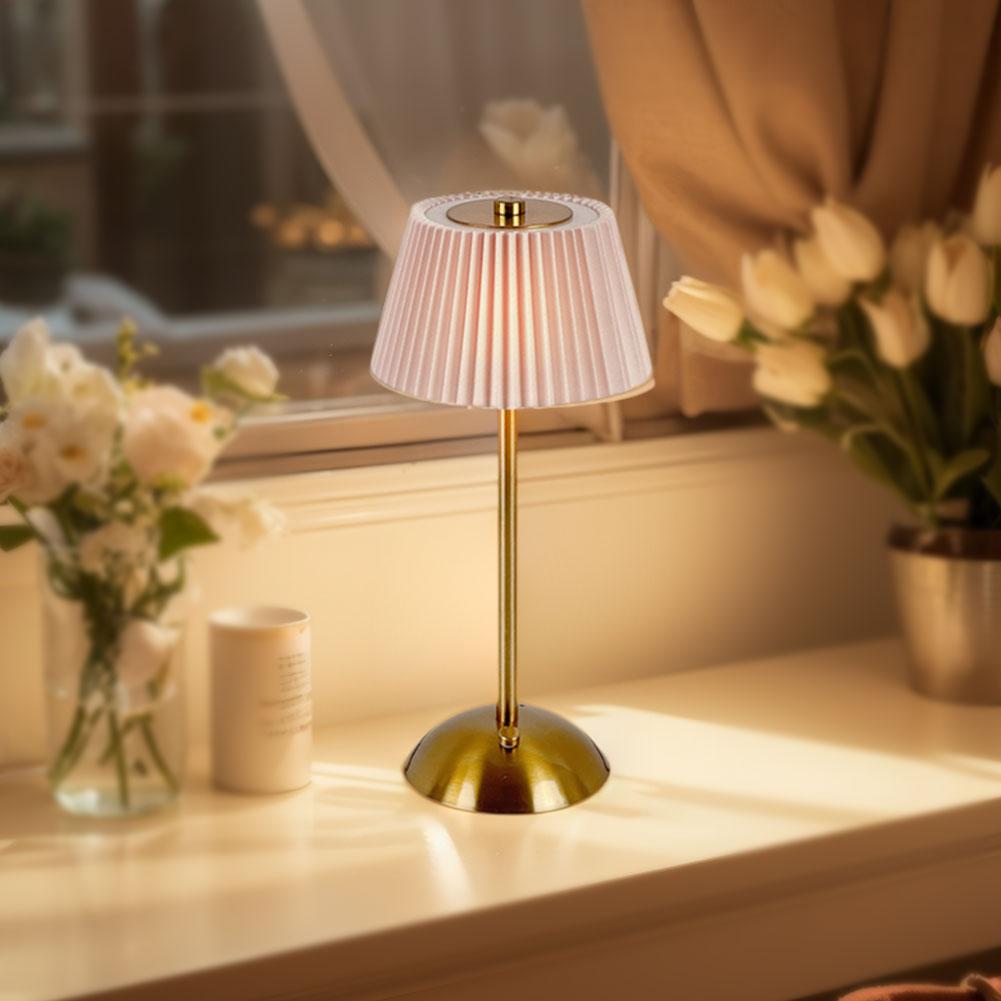 Small Pleated Table Lamp USB Rechargeable Nightstand Lamp Cordless Desk Lamp for Bedroom Living Room Home Office Decor